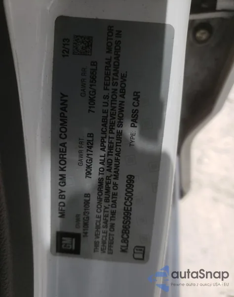 2014 Chevrolet Spark Ls из США, поврежденный, VIN KL8CB6S99EC500999